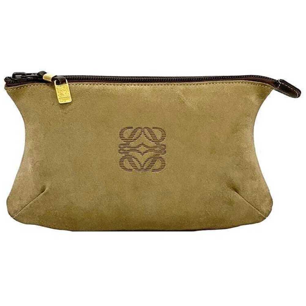 Loewe Pouch Anagram Suede Leather Clutch Bag Zipper Accessories Beige Brown